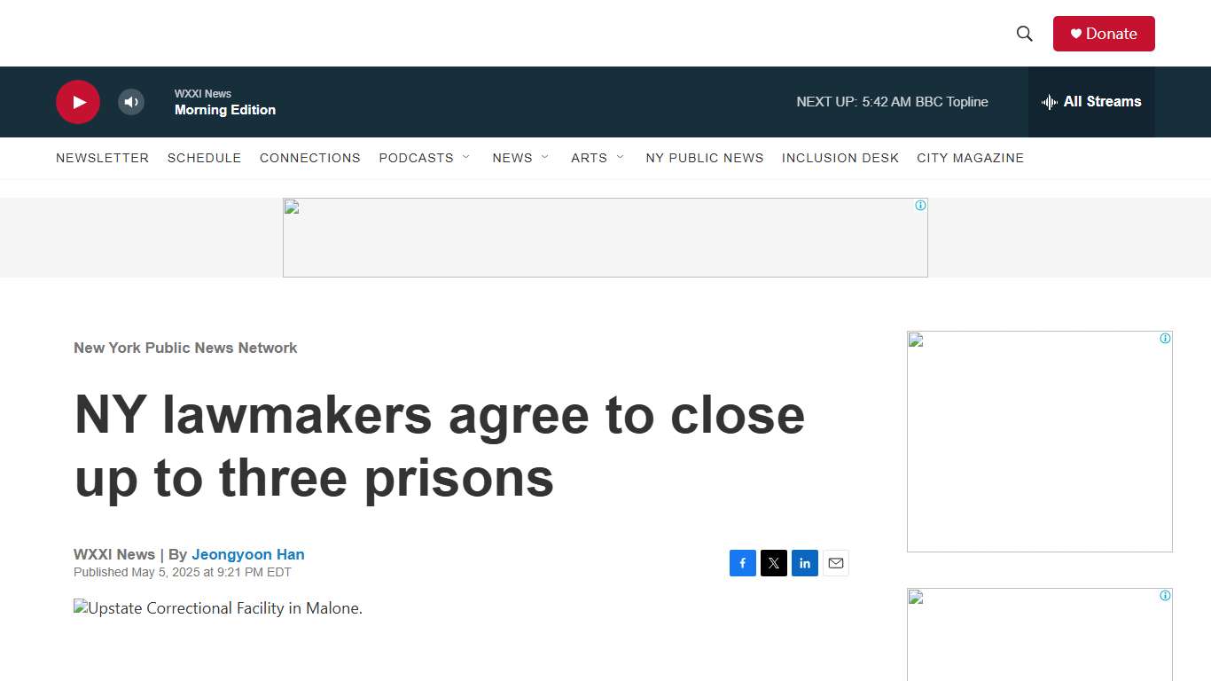 NY lawmakers agree to close up to three prisons WXXI News